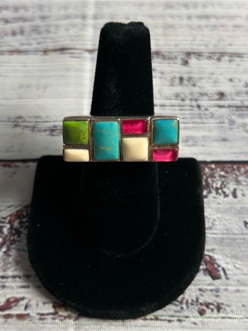 Vintage Modern Turquoise Statement Ring 925 Sterling Silver 7 Size Multi Color
